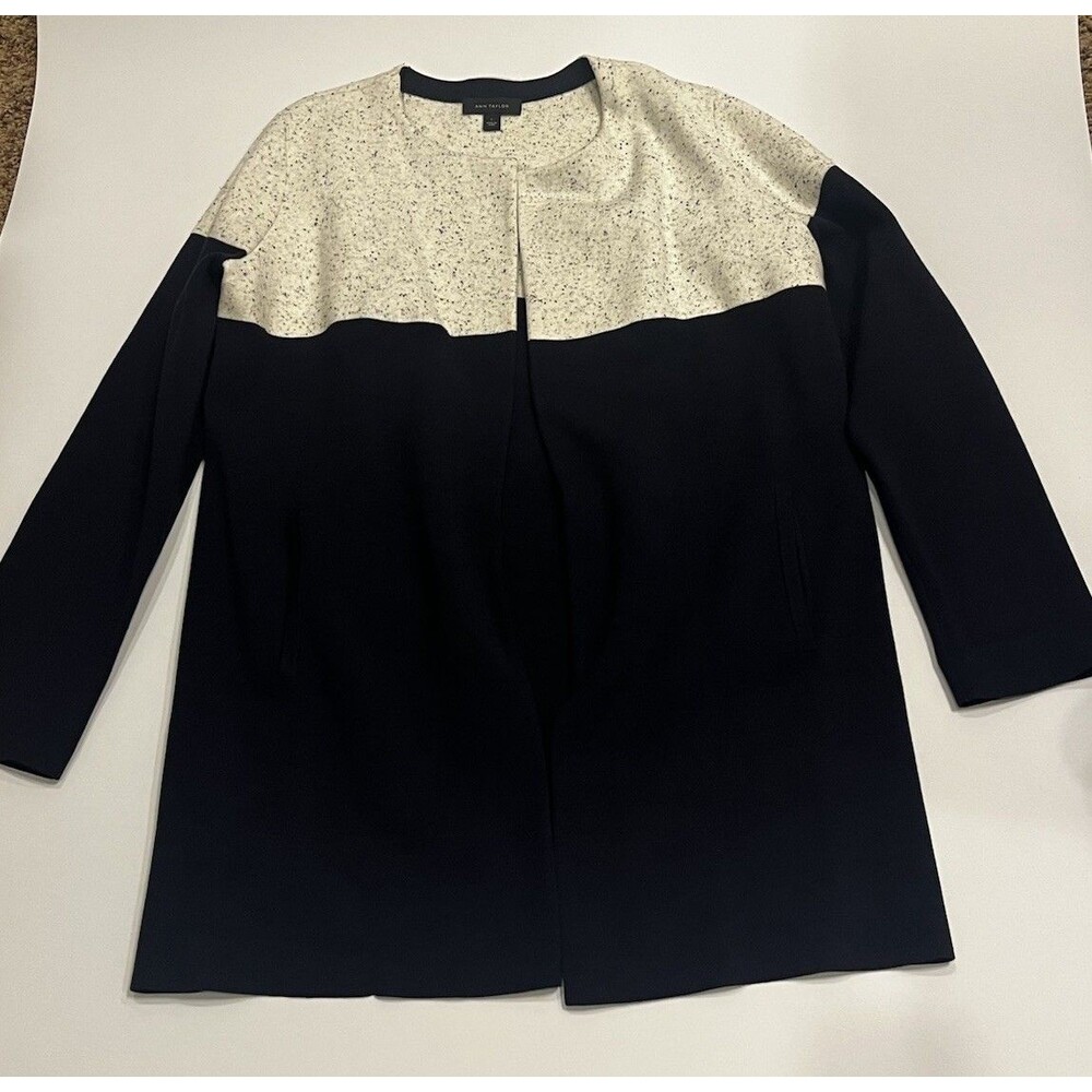 Ann Taylor Color Block White Speckled/Navy Open Front Pockets Career Large